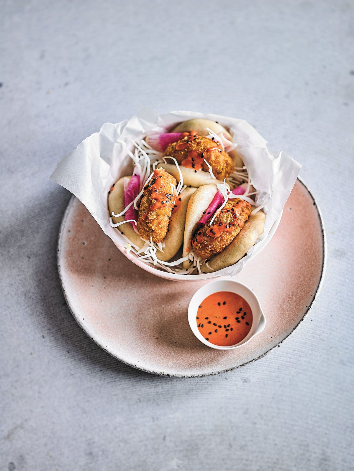 Bao buns met knapperige garnalen